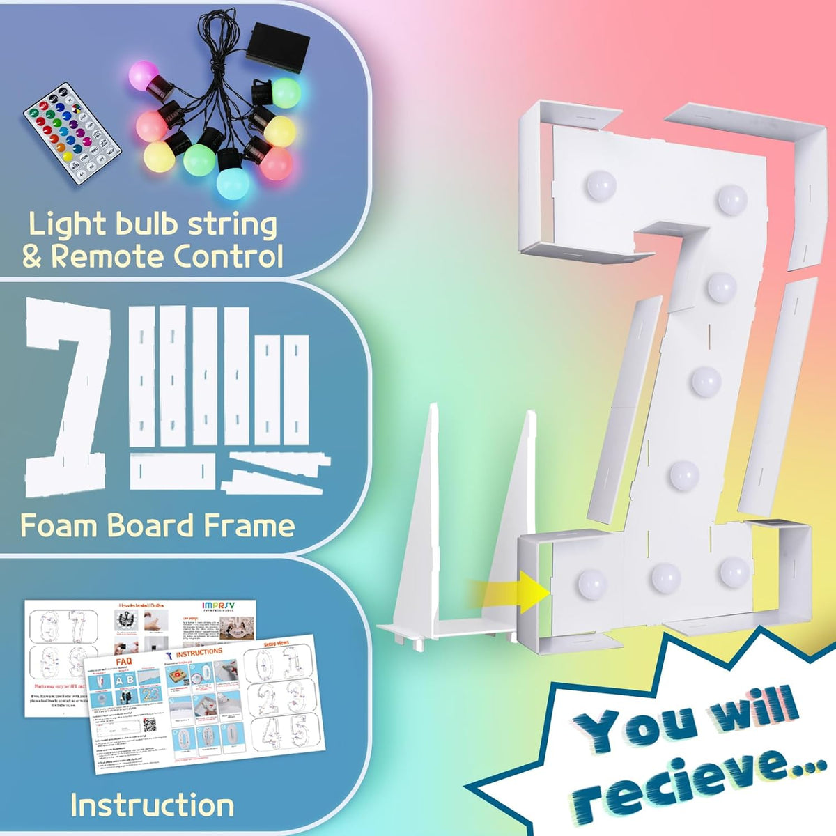imprsv 3FT Colorful Marquee Numbers,18 Colors Number 7 with Remote, Light Up Numbers Sign for 70th