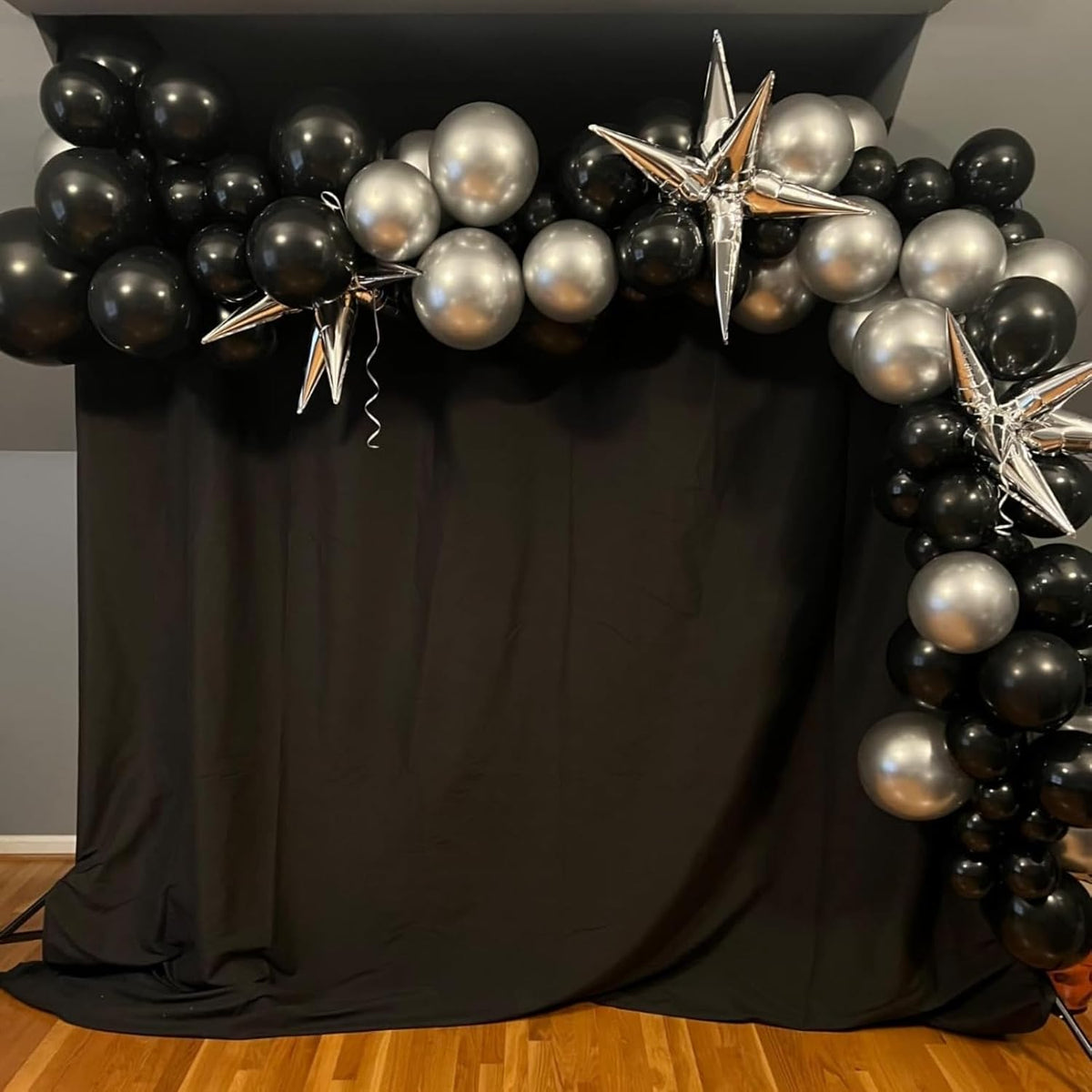 Black Silver Star Balloons 12pcs, 27/22 Inch Foil Star Explosion Balloons, Large Spike Mylar Cone