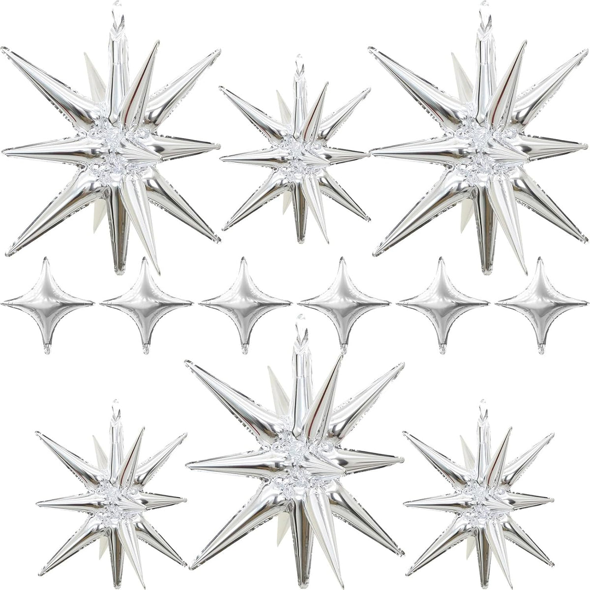 Silver Star Balloons 12pcs, 27/22 Inch Foil Star Explosion Balloons, Large Spike Mylar Cone