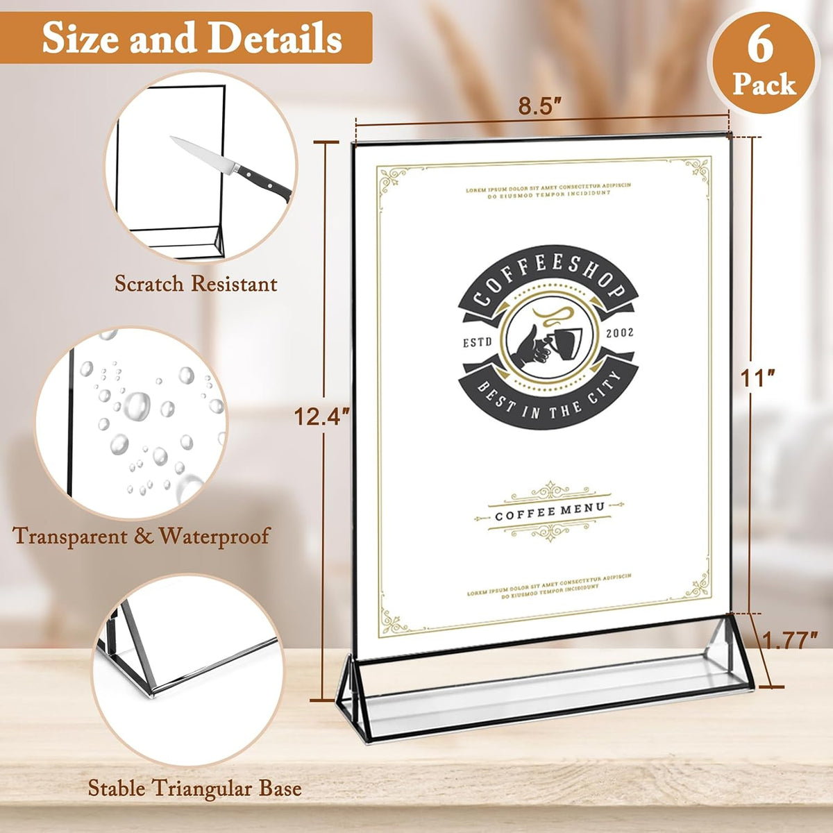 Floroom 6 Pack 8.5x11 Inch Clear Acrylic Sign Holders, Double-Sided Black Display Stand Picture