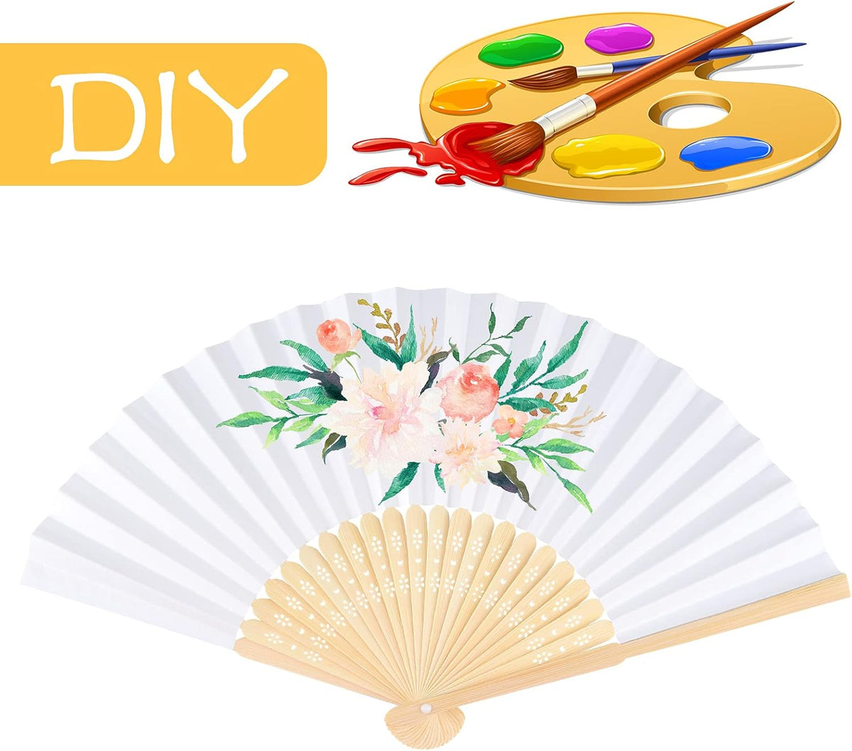 FEPITO 32 Pieces Handheld Paper Fan Paper Folding Fans with Bamboos for Wedding Gift, Party, Home