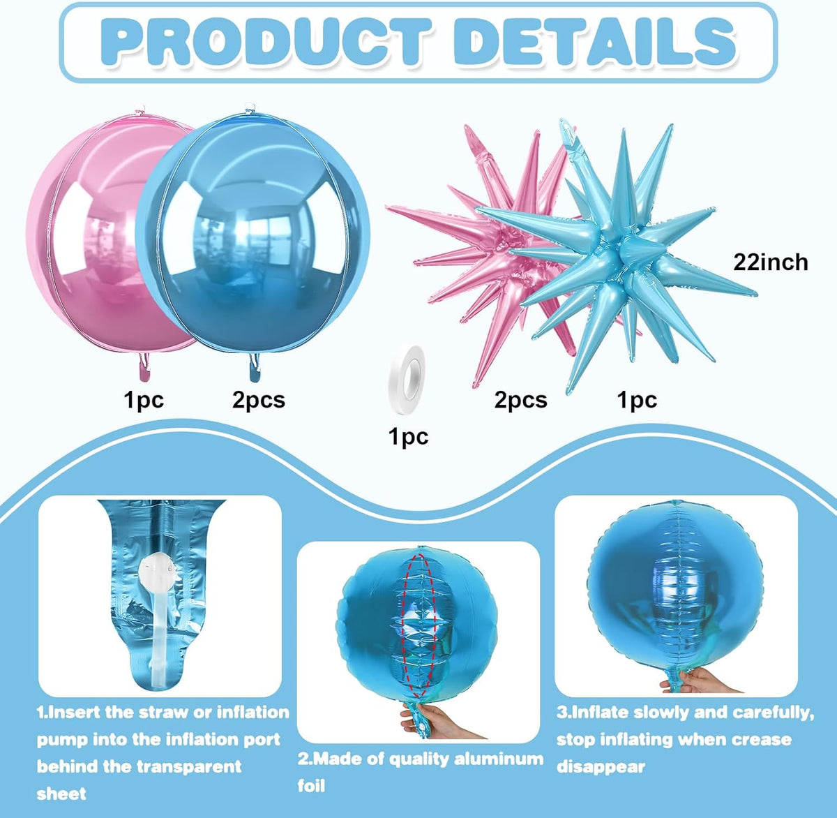 6Pcs Pink Blue Foil Balloons,22Inch Blue Pink 4D Round Ball Balloon and Explosion Star Balloon for