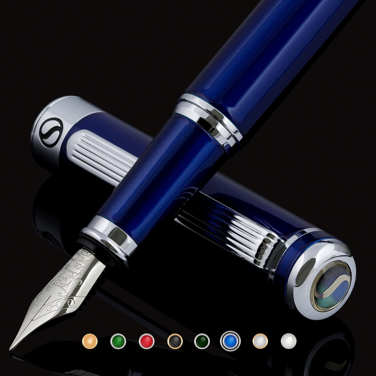 Scriveiner Midnight Blue Fountain Pen - Stunning Luxury Pen with Chrome Appointments, Schmidt Nib