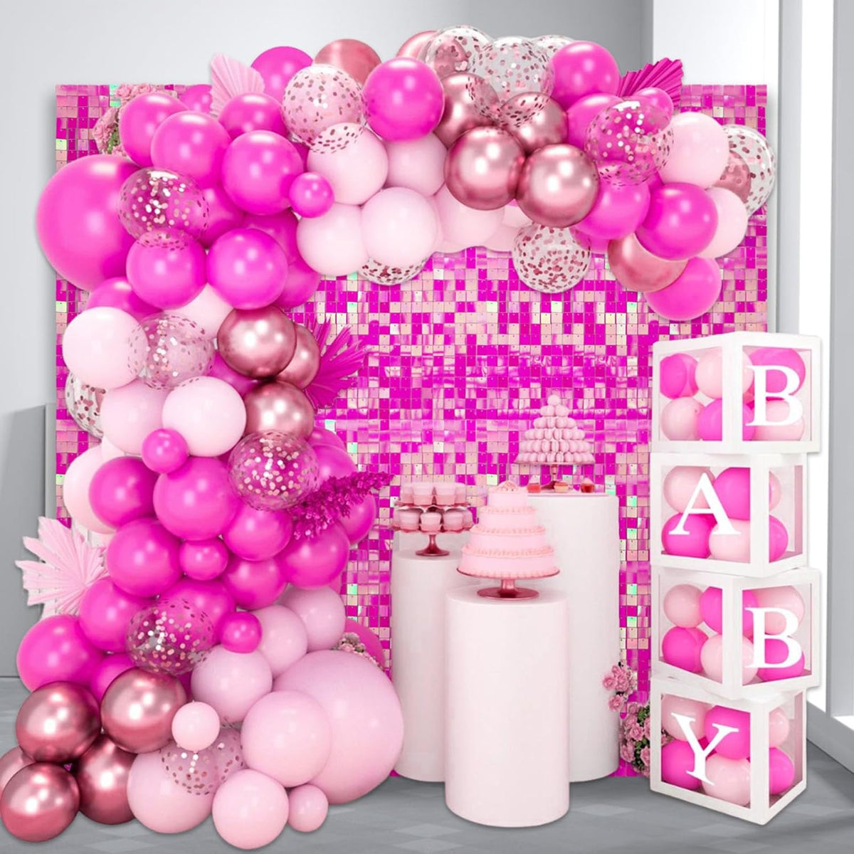 24PCS Colorful Pink Shimmer Wall Backdrop, Square Sequin Photo Backdrops Panel, Glitter Wall