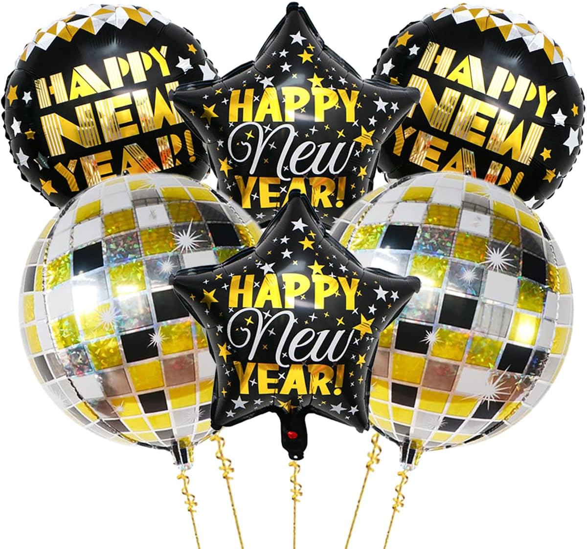 Happy New Year Balloons, 8pcs (2x22" Disco, 2x18" Round, 2x18" Star) - Black & Gold, Reusable