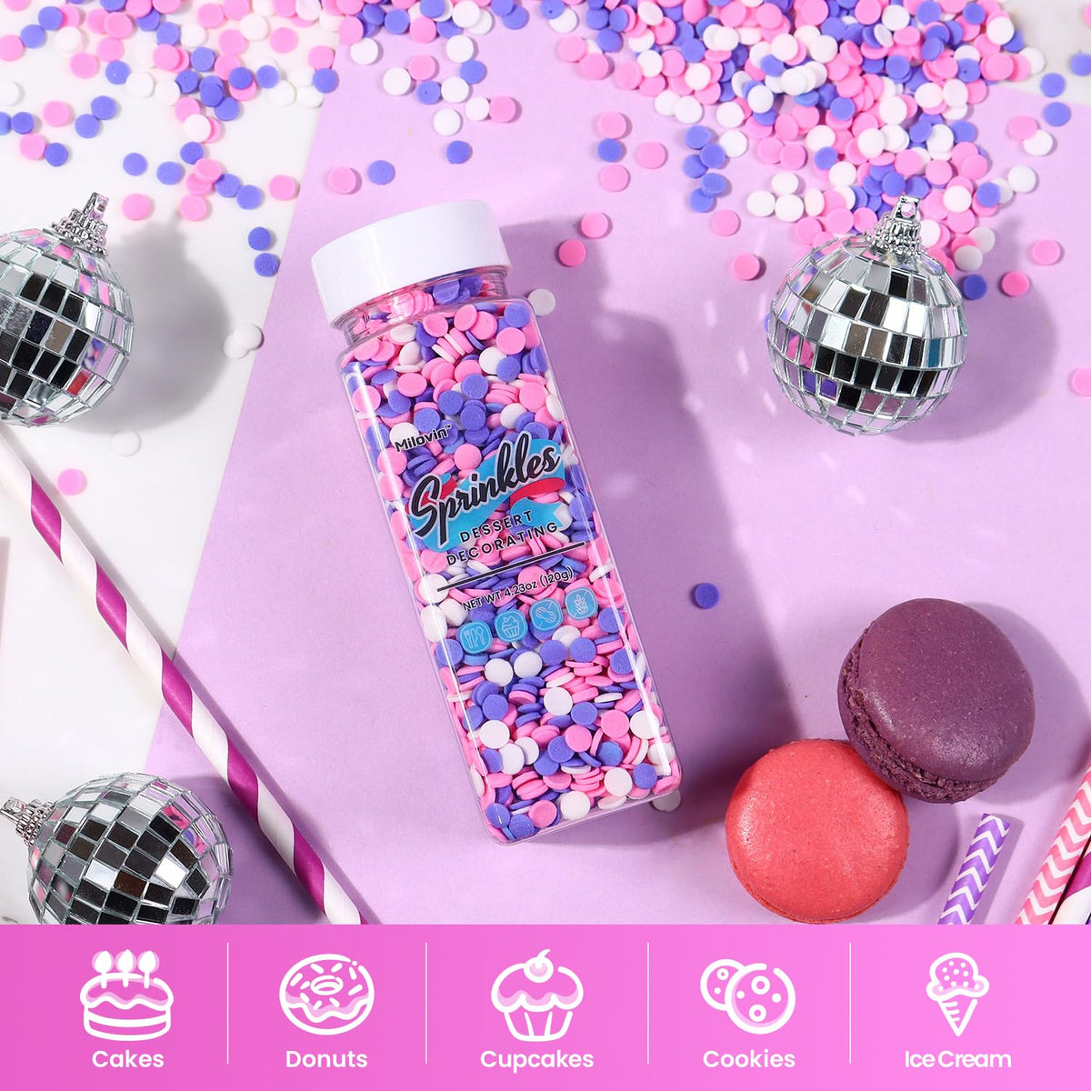 Edible Confetti Sprinkles for Cake Decorating, Round Sprinkles, Purple, Pink and White Sprinkles