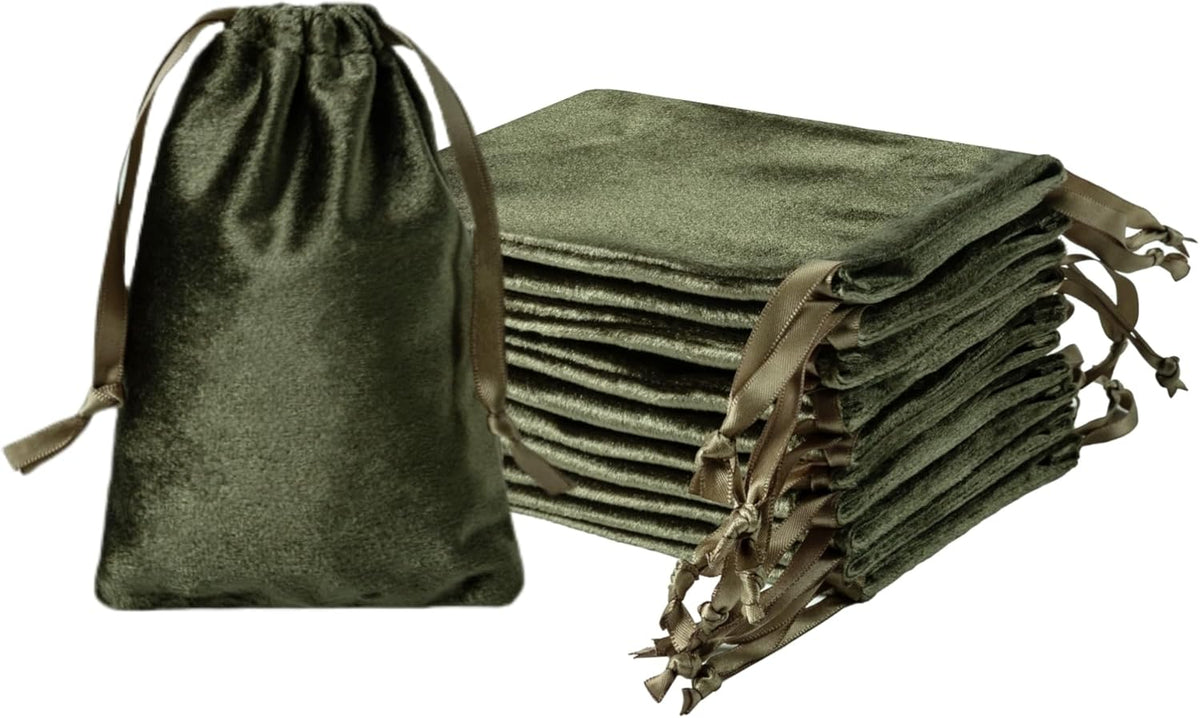 QIANF 12pcs Moss Green Velvet Drawstring Bags 4x6 inches Glossy Small Velvet Cloth Gift Bags