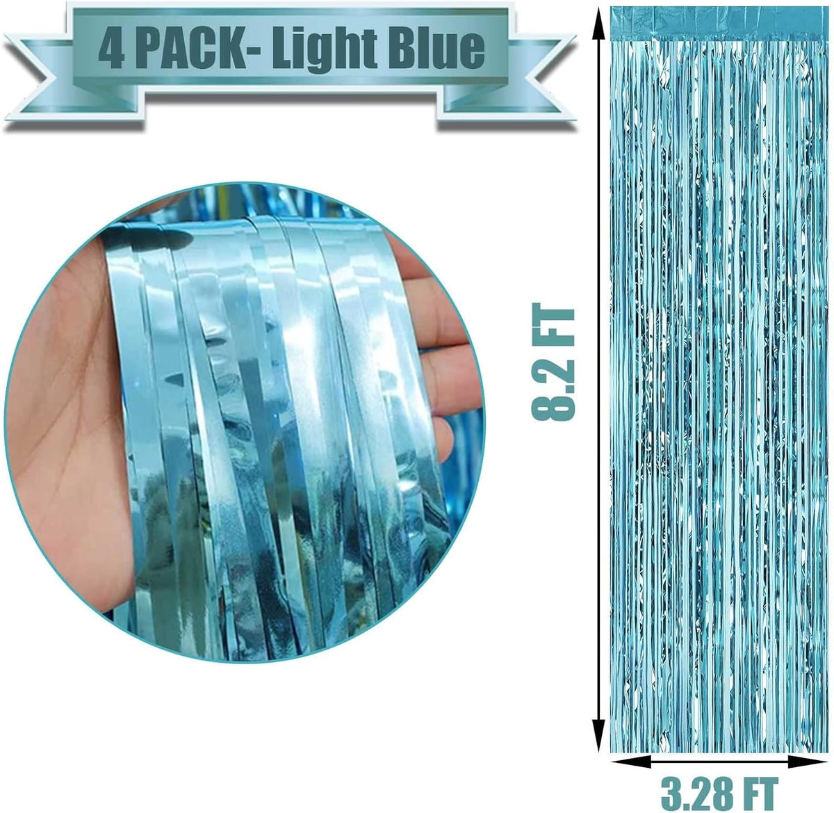 4 Pack Light Blue Foil Fringe Curtain Backdrop, 3.28Ft x 8.2Ft Metallic Tinsel Foil Fringe Streamer