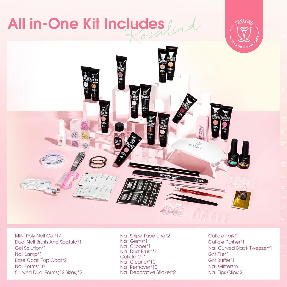 ROSALIND 14 Colors Poly Nail Gel Kit with Mini Nail Lamp Pink Brown Poly Nails Gel Kit Starter Kit