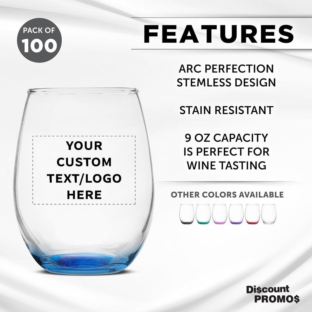 Custom Stemless Wine Glass 9 oz. Set of 100, Personalized Bulk Pack - Great for Wedding Favors