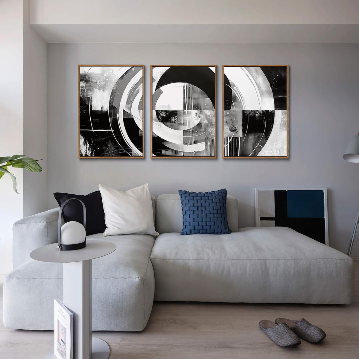 myusuar 3 Piece Large Modern Abstract Canvas Framed Wall Art For Living Room, Black And White Rings