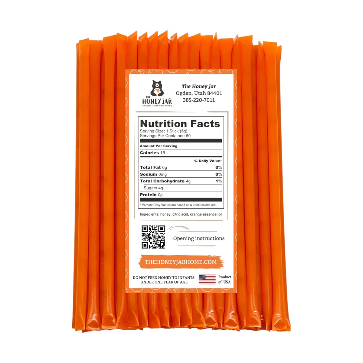 The Honey Jar Orange Flavored Honey Sticks - Pure Honey Straws For Tea, Coffee, or a Healthy Treat