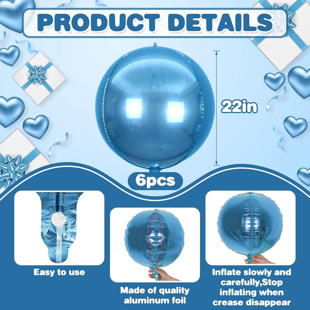 6Pcs Blue Round Foil Balloons,Giant 4D Round Ball Balloons,22 Inch Metallic Blue Balloon for