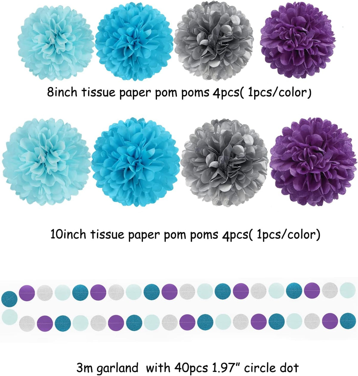 Purple-Blue Silver Frozen Christmas Party-Decorations - 30pcs Tissue Pom Poms Streamers,Winter Girl