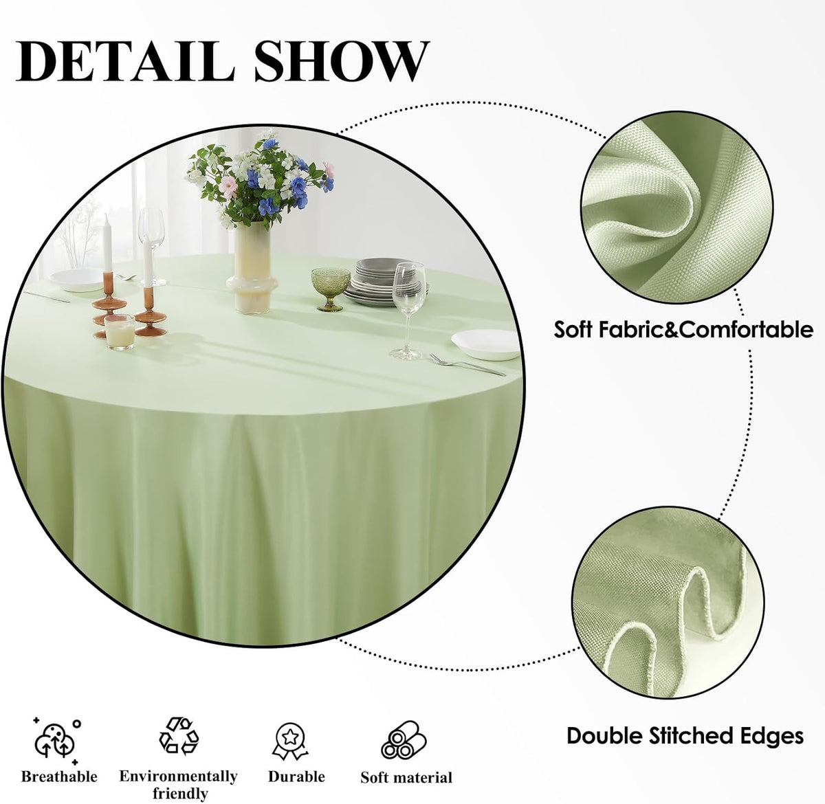 Round Tablecloth 2 Pack 90 Inch Sage Green Tablecloths Washable Decorative Linen Polyester Table
