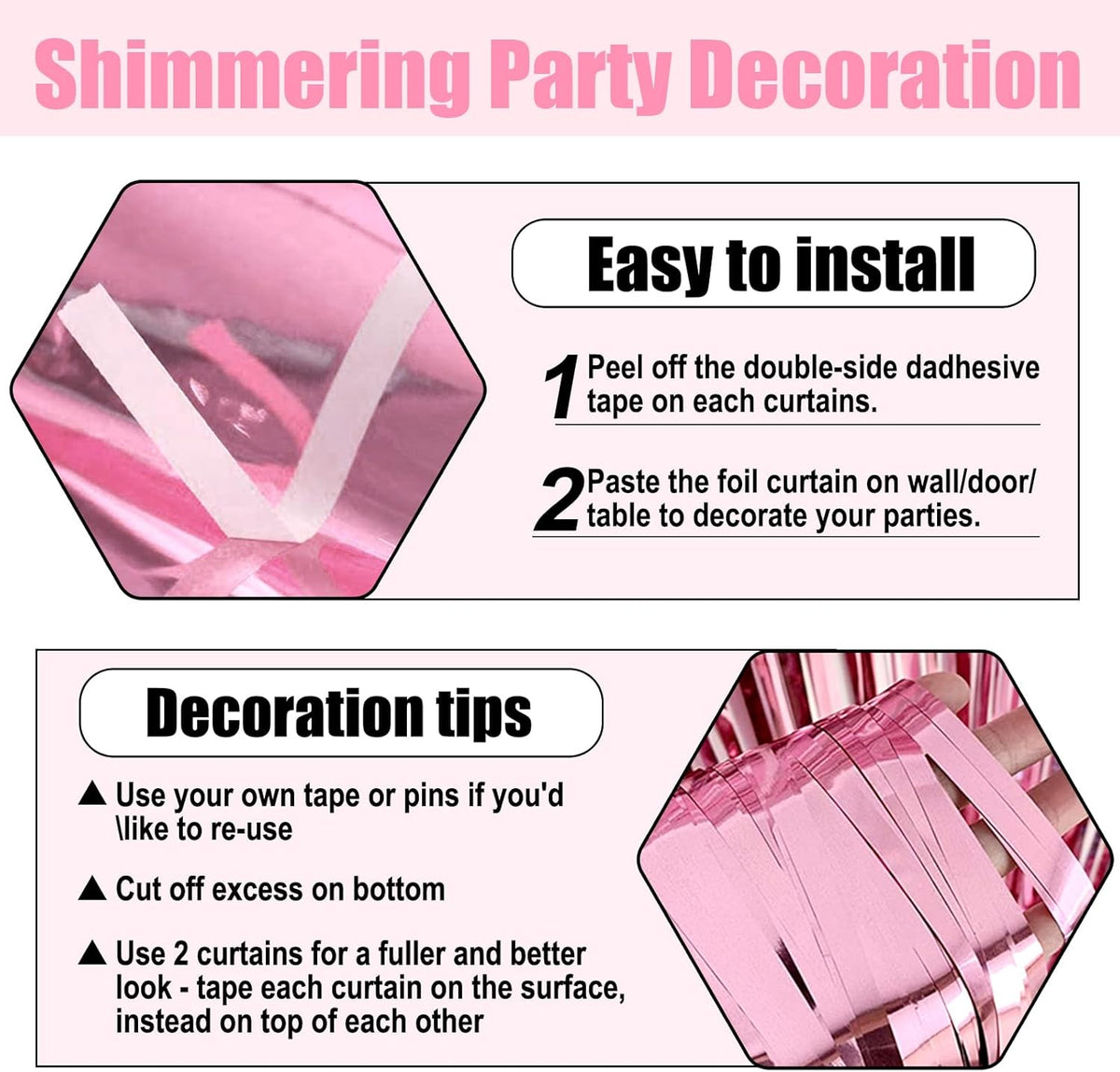 3 Pack Pink Foil Fringe Curtain Backdrop, 3.28Ft x 8.2Ft Metallic Tinsel Foil Fringe Streamer