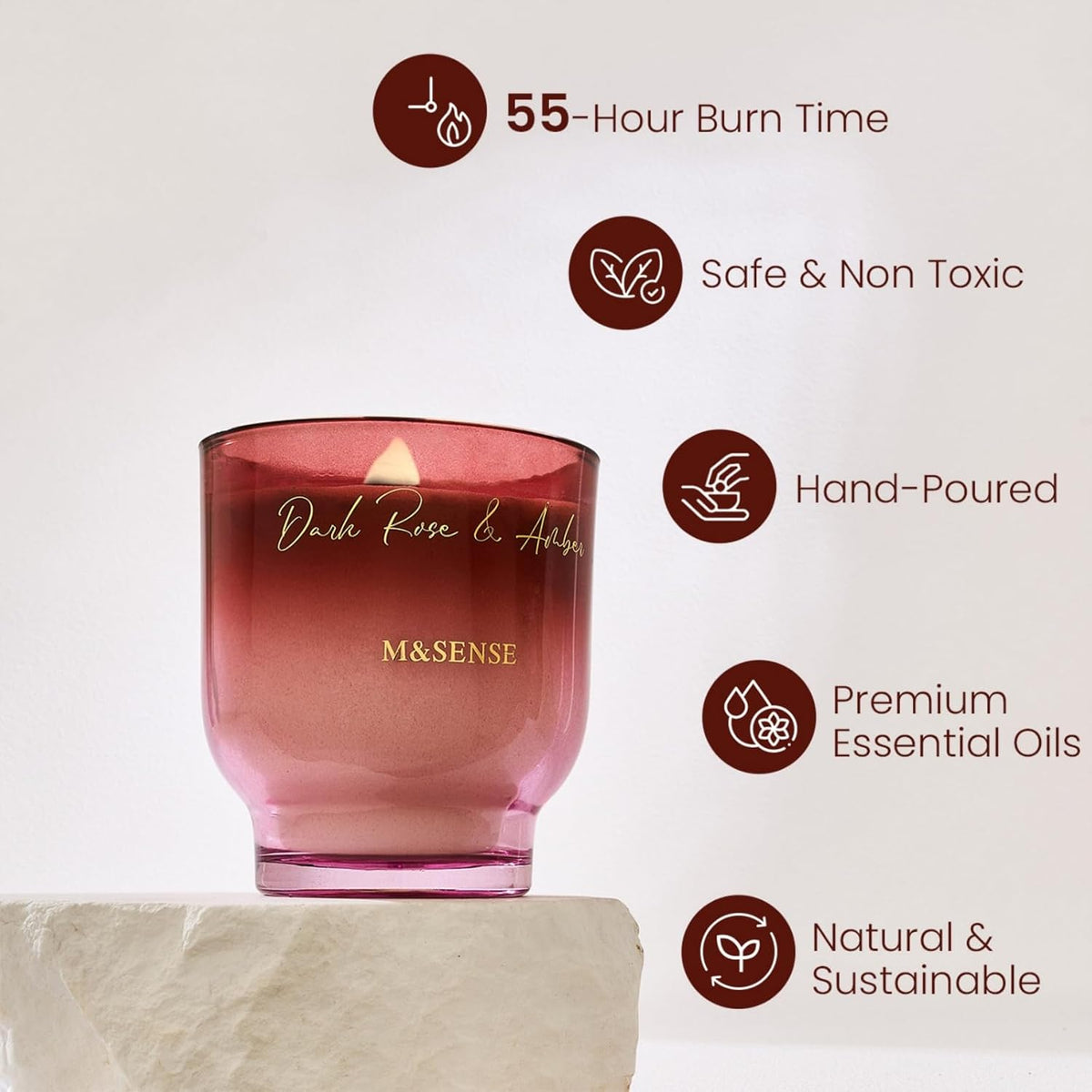 M&SENSE 9.88oz Natural Soy Wax Jar Candle with Wooden Wick | Dark Rose Amber Scent | 55-Hour Burn &