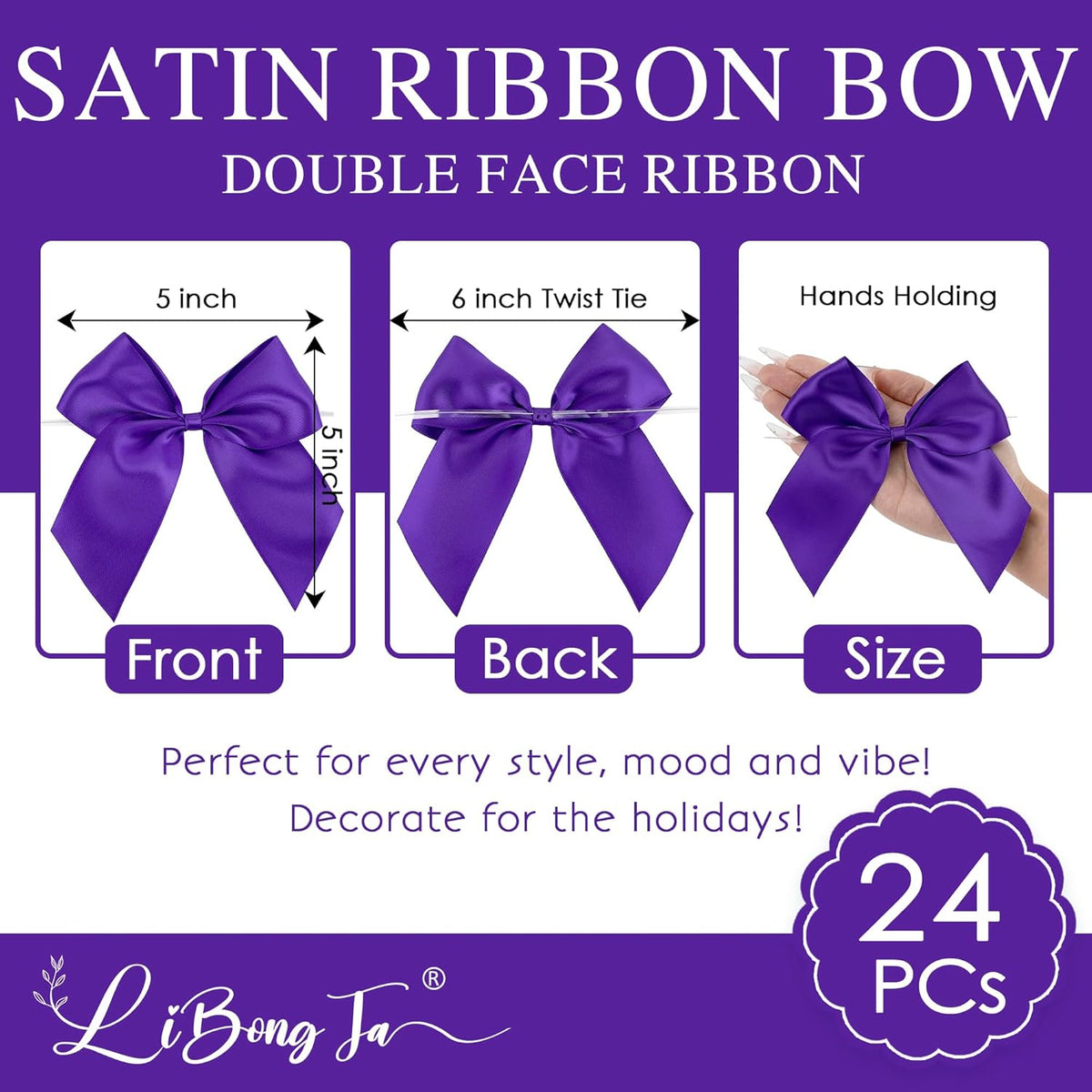 5'' Purple Bow Party Decorations Satin Bows, Twist Tie Bows for Treat Bags, Cake Pops, Pre-Tied Bow