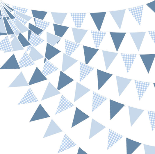 32Ft Dusty Blue Party Decorations Retro Blue Gingham Triangle Banner Flag Pennant Fabric Garland