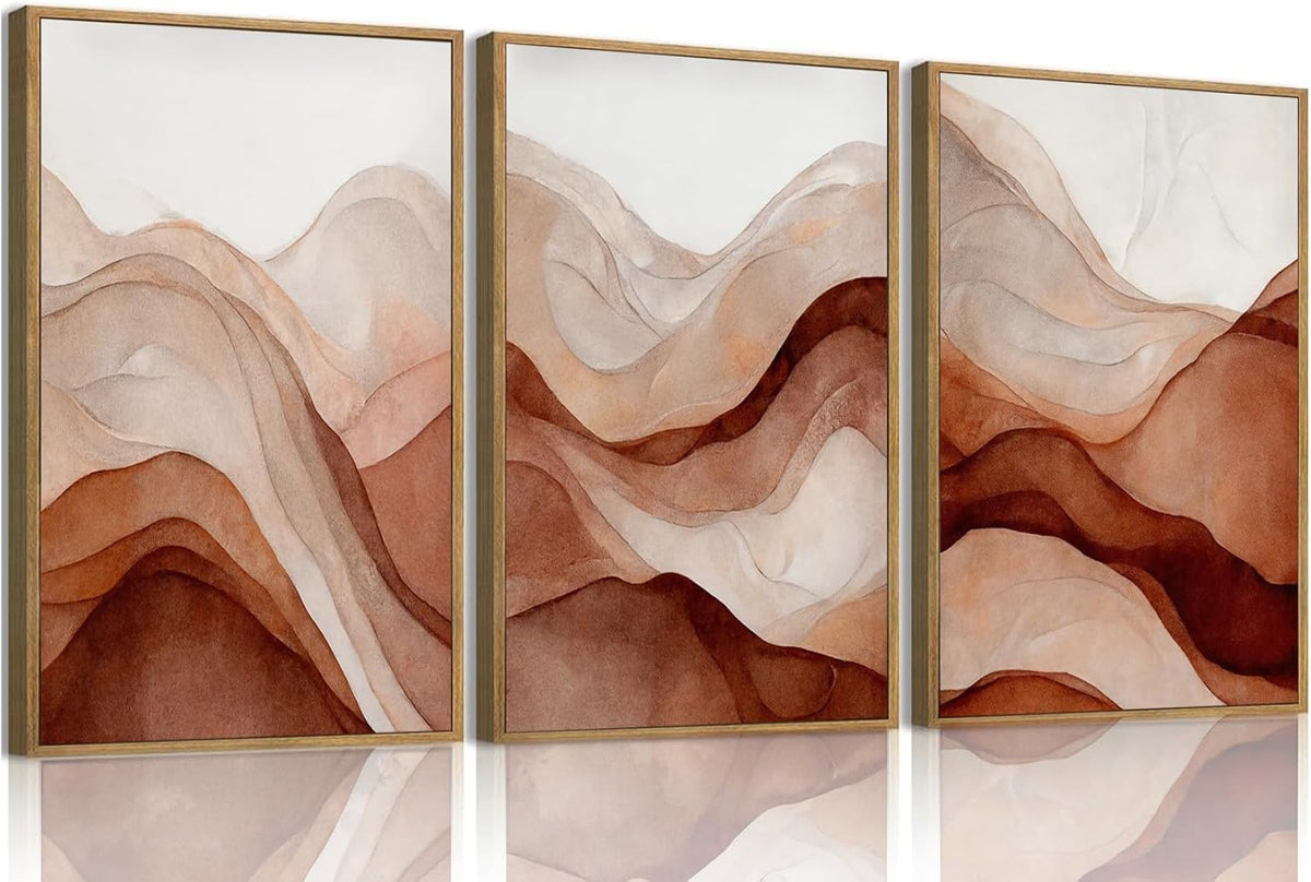 myusuar 3 Piece Large Abstract Framed Wall Art For Living Room, Smoke Texture Ink Warm Brown