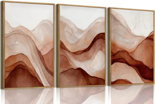 myusuar 3 Piece Large Abstract Framed Wall Art For Living Room, Smoke Texture Ink Warm Brown