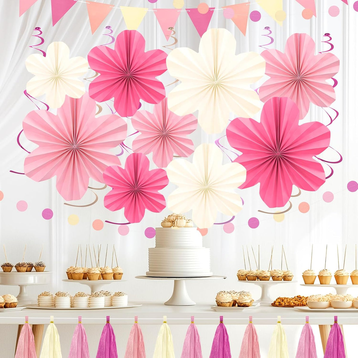 Pink and Yellow Party Decorations, Pink Birthday Decoration with Colorful Hanging Paper