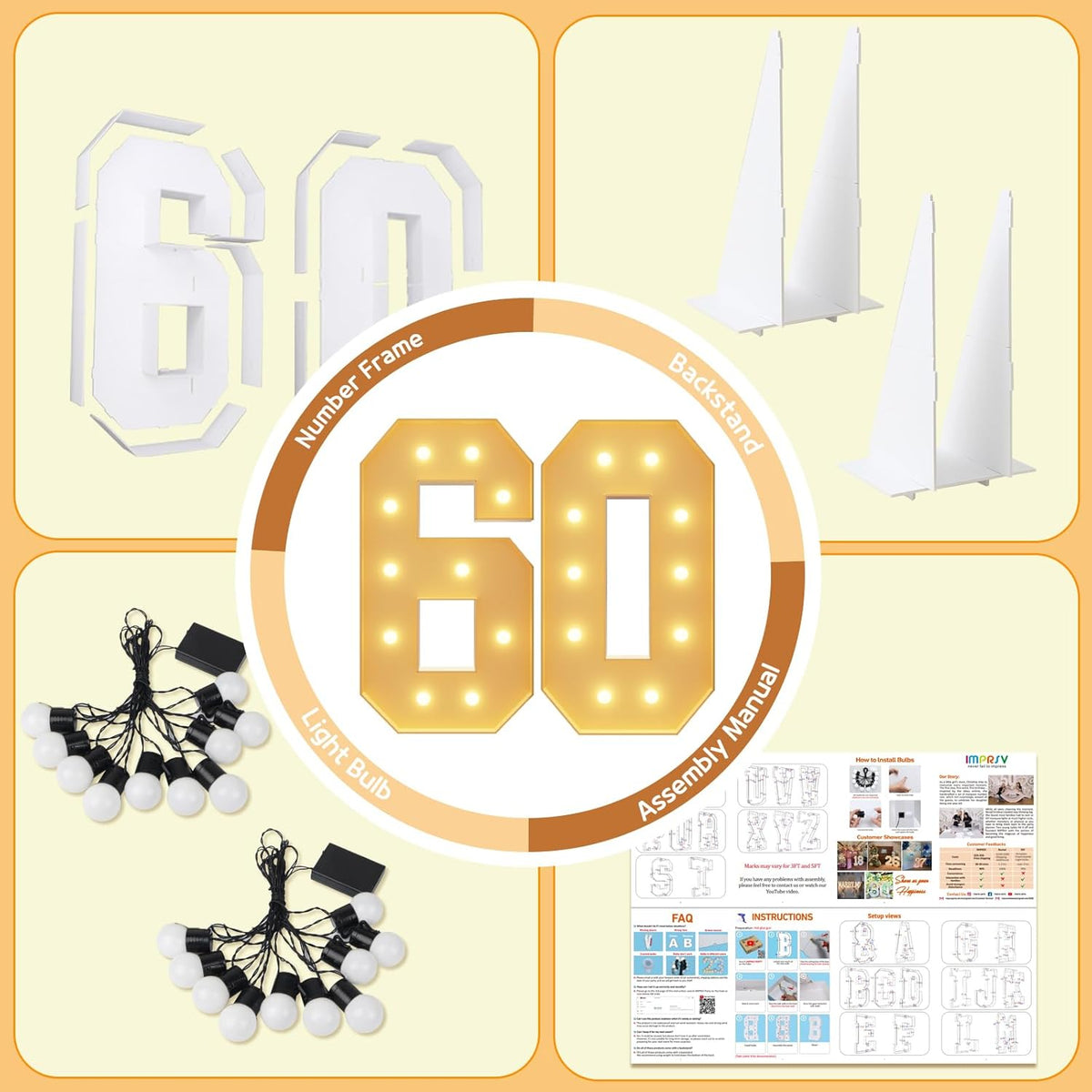 imprsv 4FT Light Up Numbers, Marquee Numbers 60th Birthday Decorations for Women Men, 60th Birthday