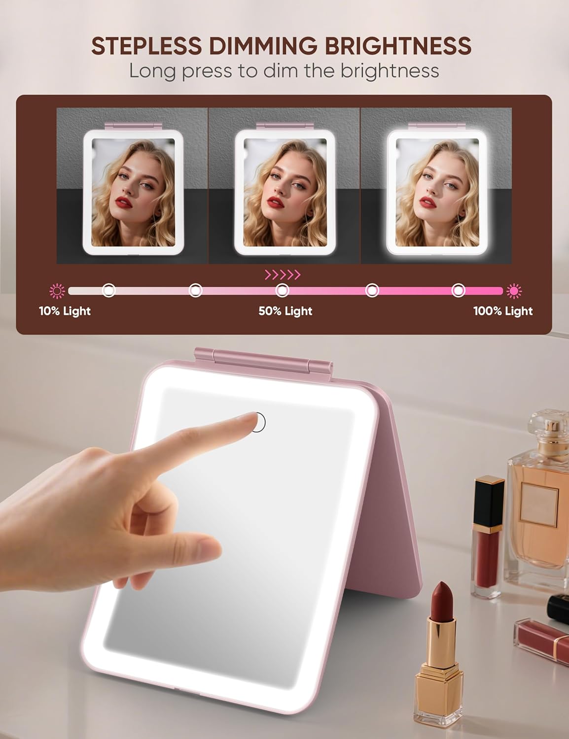 1X/10X Magnifying Makeup Mirror with 3 Colored Lights and Touch Control, 2700mAh Rechargeable LED