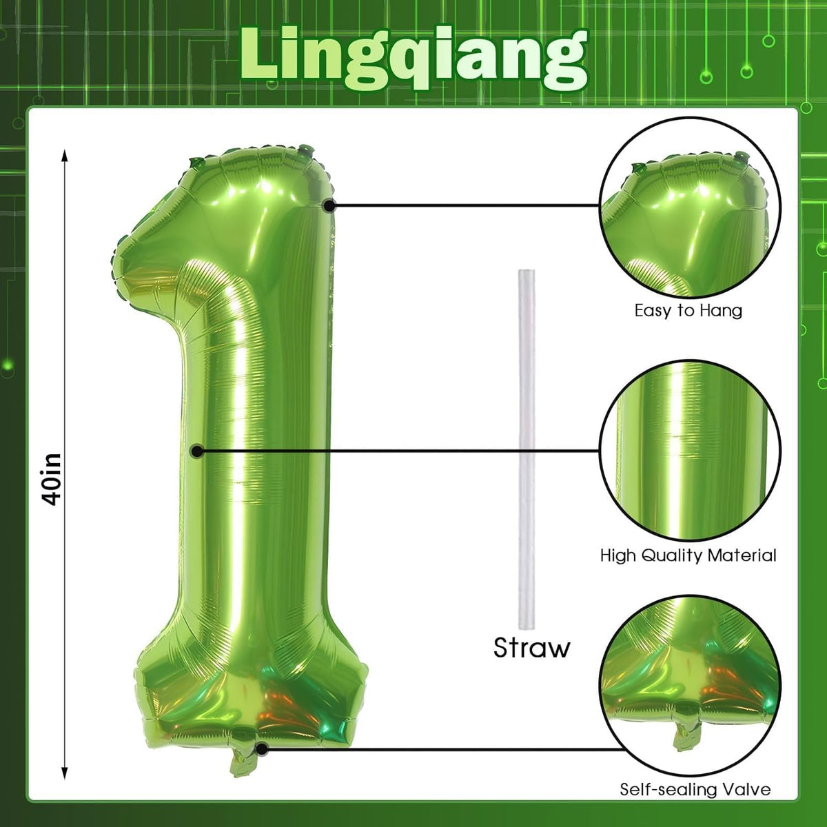 40 Inch Green Number 1 Balloon for 1st Birthday Decoration, Large Self Inflate Foil Number Balloons