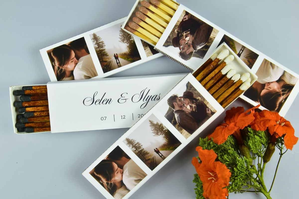 10 Boxes - Customized Matchboxes Colorful Tips (Wedding Design #5, 4" Matchboxes) (4" Matchsticks