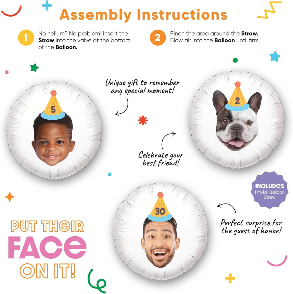 Big Dot of Happiness Personalized Party Time Happy Birthday Colorful Cone Hat Fun Face Photo