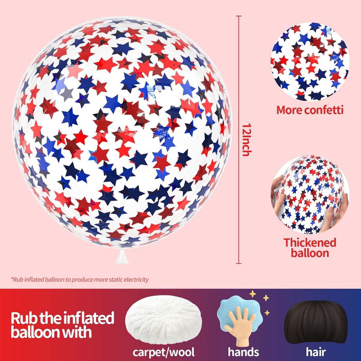 VHUWE 25 Pcs Blue Red Star Confetti Balloons, 12 Inch Clear Latex Balloon with Confetti Inside for