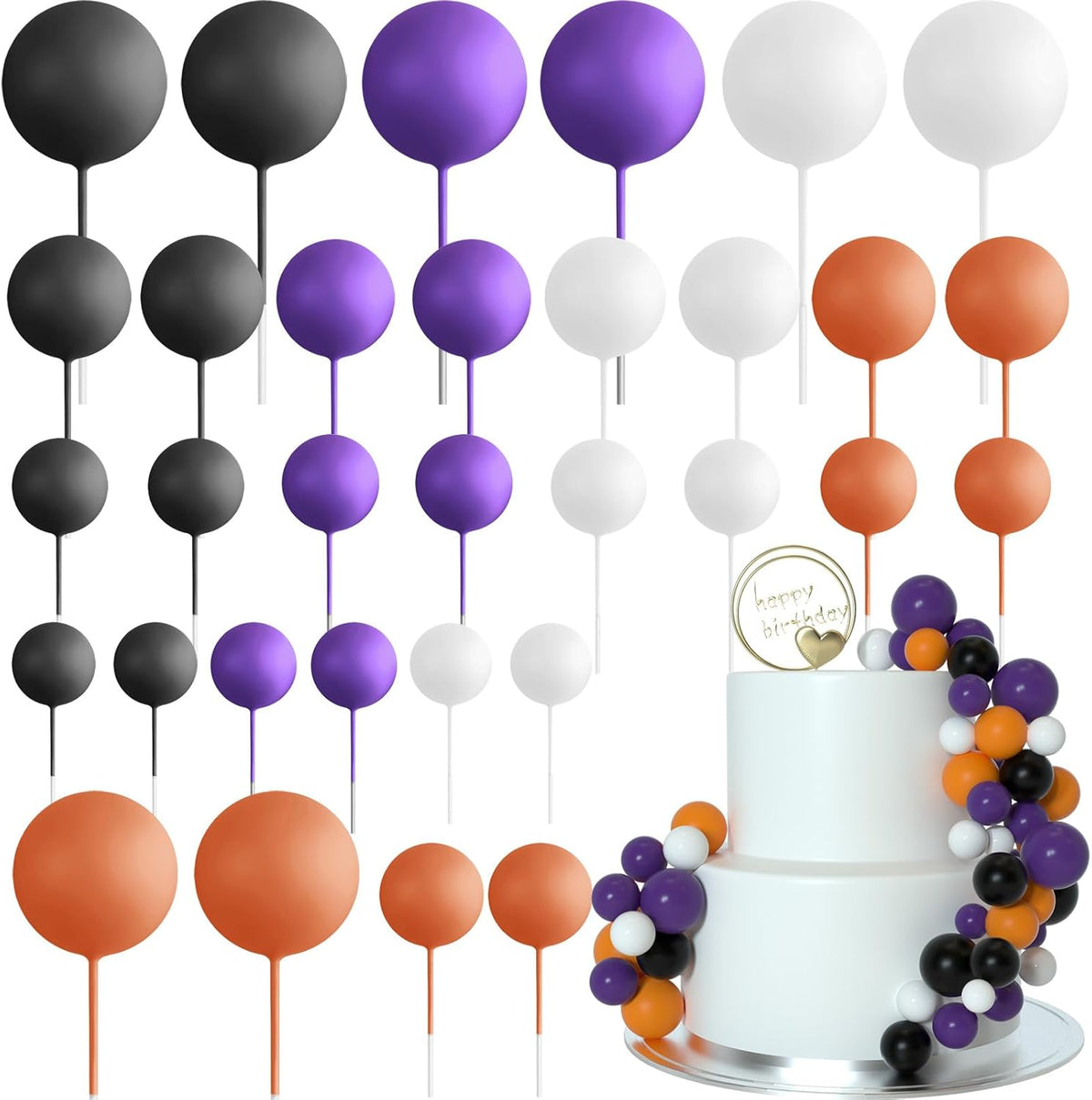 ASTARON 32 Pcs Ball Cake Topper Halloween Decorations Mini Balloons Sticks Foam Balls Birthday Cake