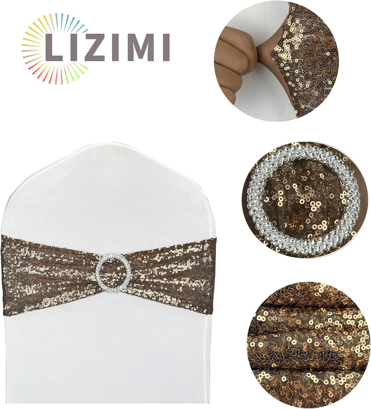 25 Pcs Chair Sashes Sequin Stretch Chair Bands Spandex Polyester Bows for Party Hotel Wedding