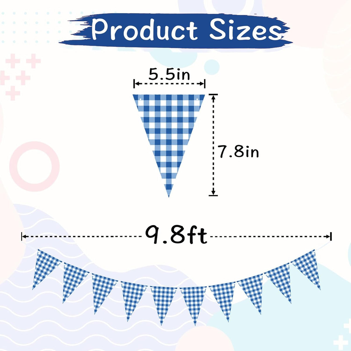 2 Pieces Blue Checkered Flags Banner, Double Sided Blue and White Gingham Bunting Garland for