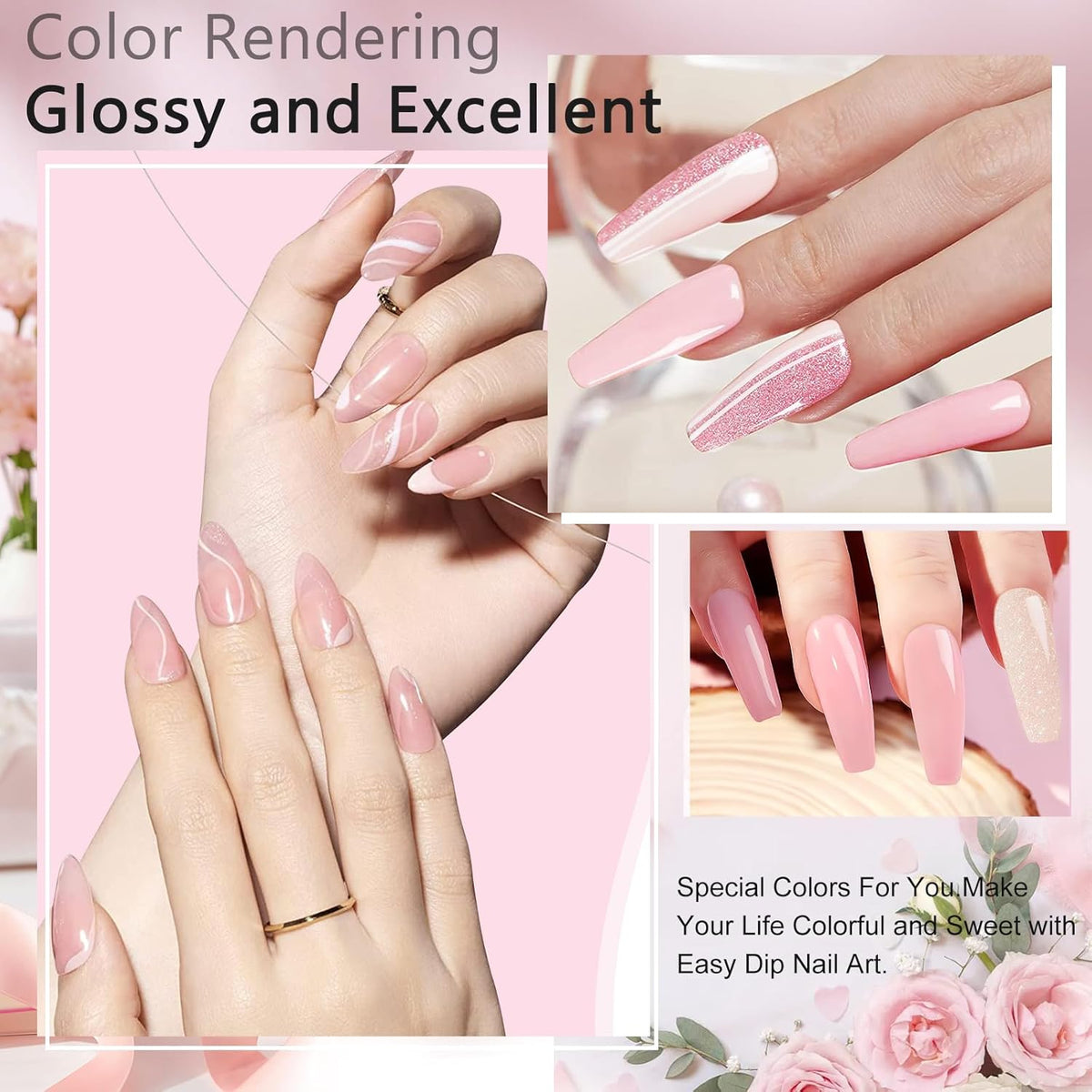 Honey Joy Dip Powder Nail Kit Starter, 4 Colors Pink Glitter Fine Dipping Powder Nude Color Kit