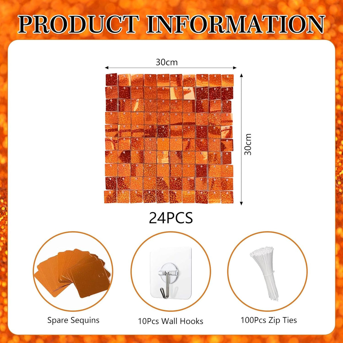 24PCS Orange Shimmer Wall Backdrop, Laser Square Sequin Photo Backdrops Panel, Glitter Wall