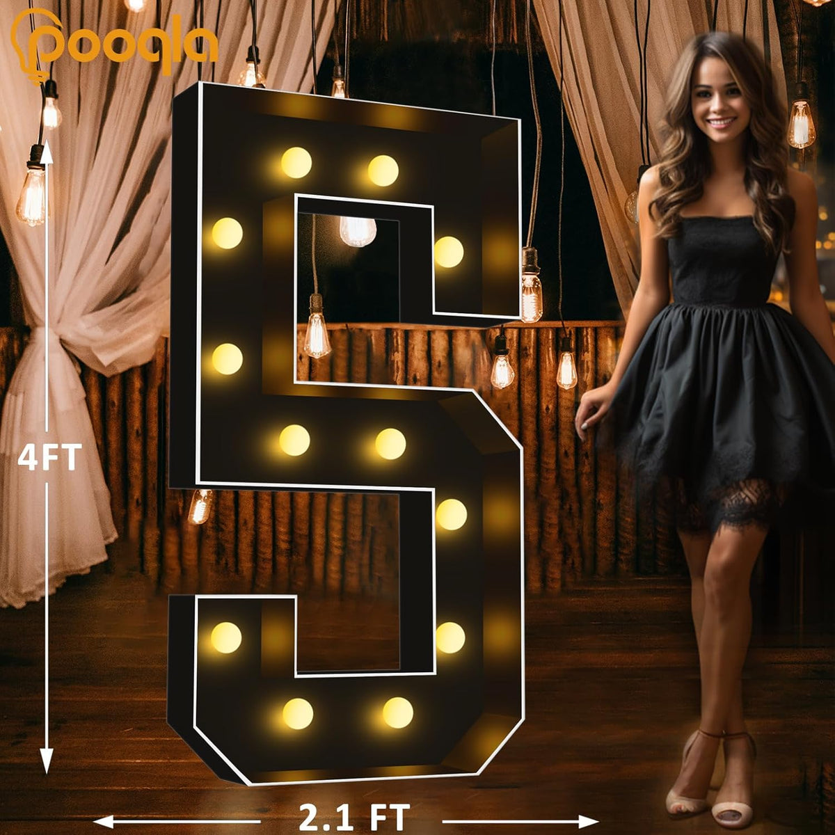 Pooqla 4 FT Light Up Marquee Numbers, Black Marquee Number Lights 4 Feet Tall for 5th 15th 50th
