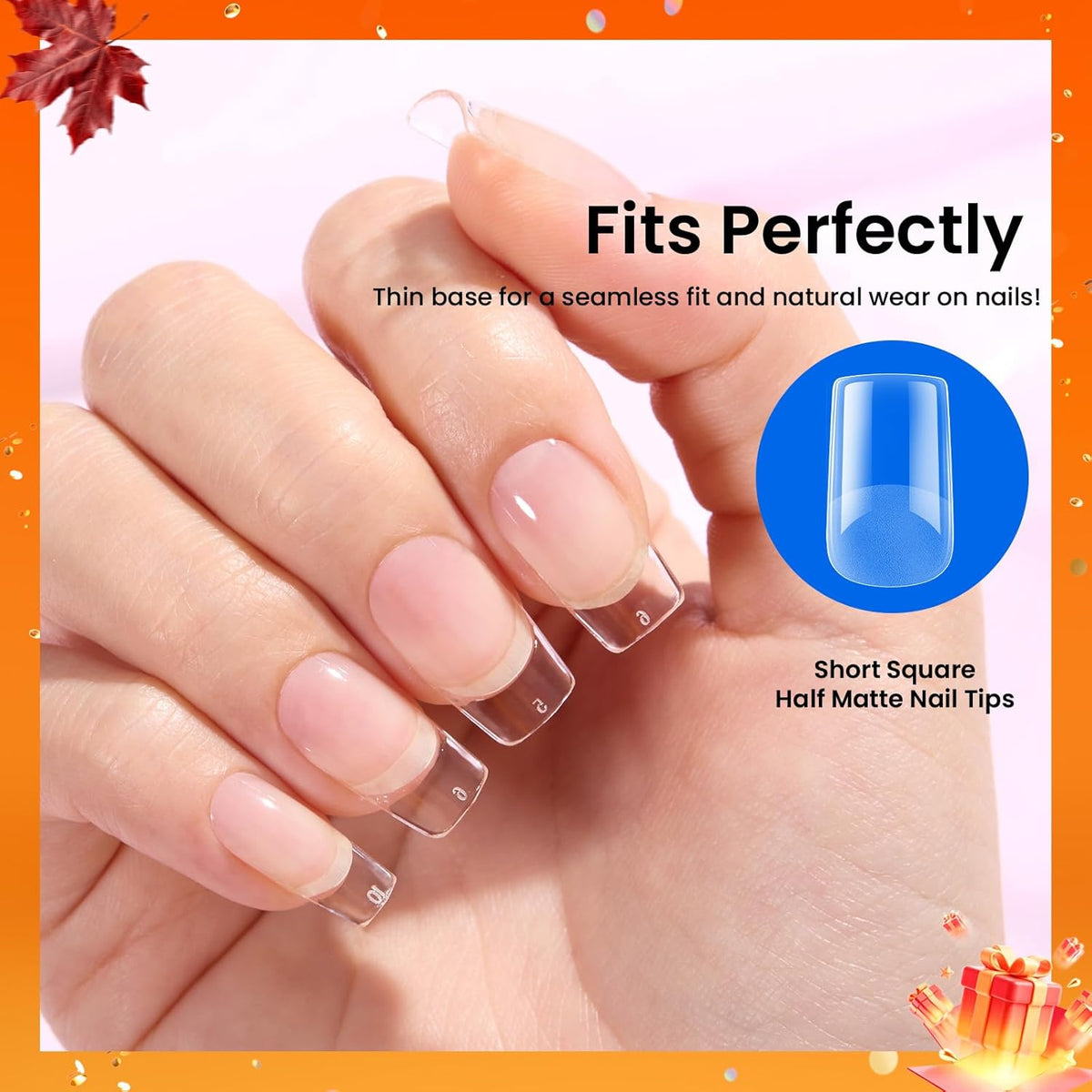 Beetles Short Square Gel Nail Tips 12 Sizes 288 PCS Half Matte Full Cover False Nails Clear Acrylic