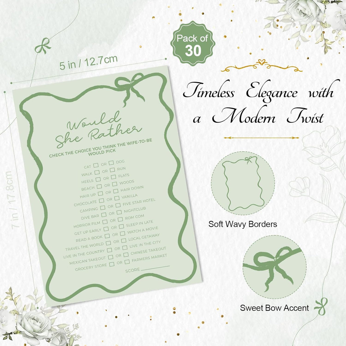 DEEKA 30 PCS Bridal Shower Games Card for 30 Guests Sage Green Wavy Border Ribbon Bow Funny Wedding
