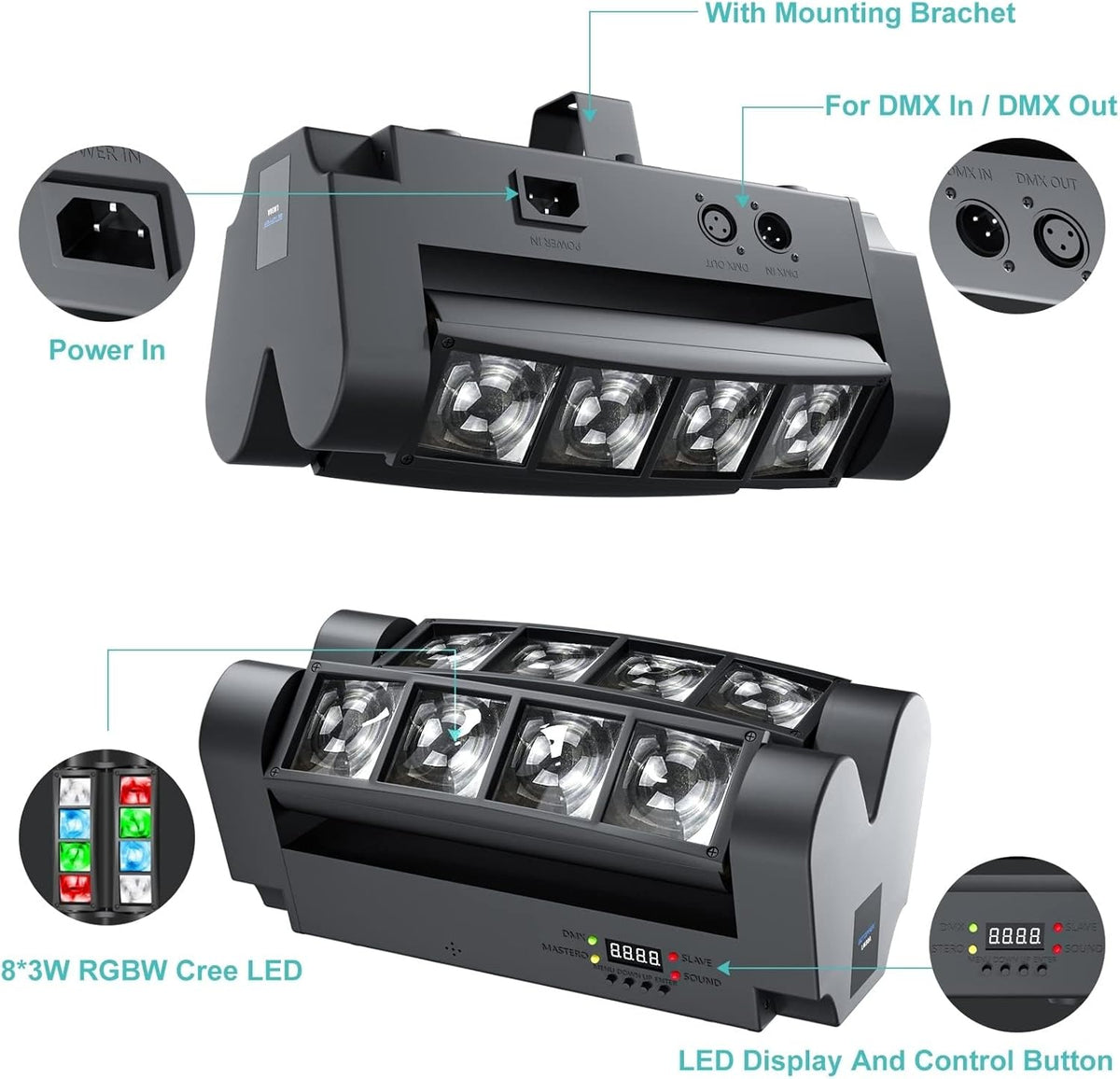BETOPPER Stage Light, Moving Head DJ Light for Parties, RGBW 8x3W Spider LED Light, Sound Activated