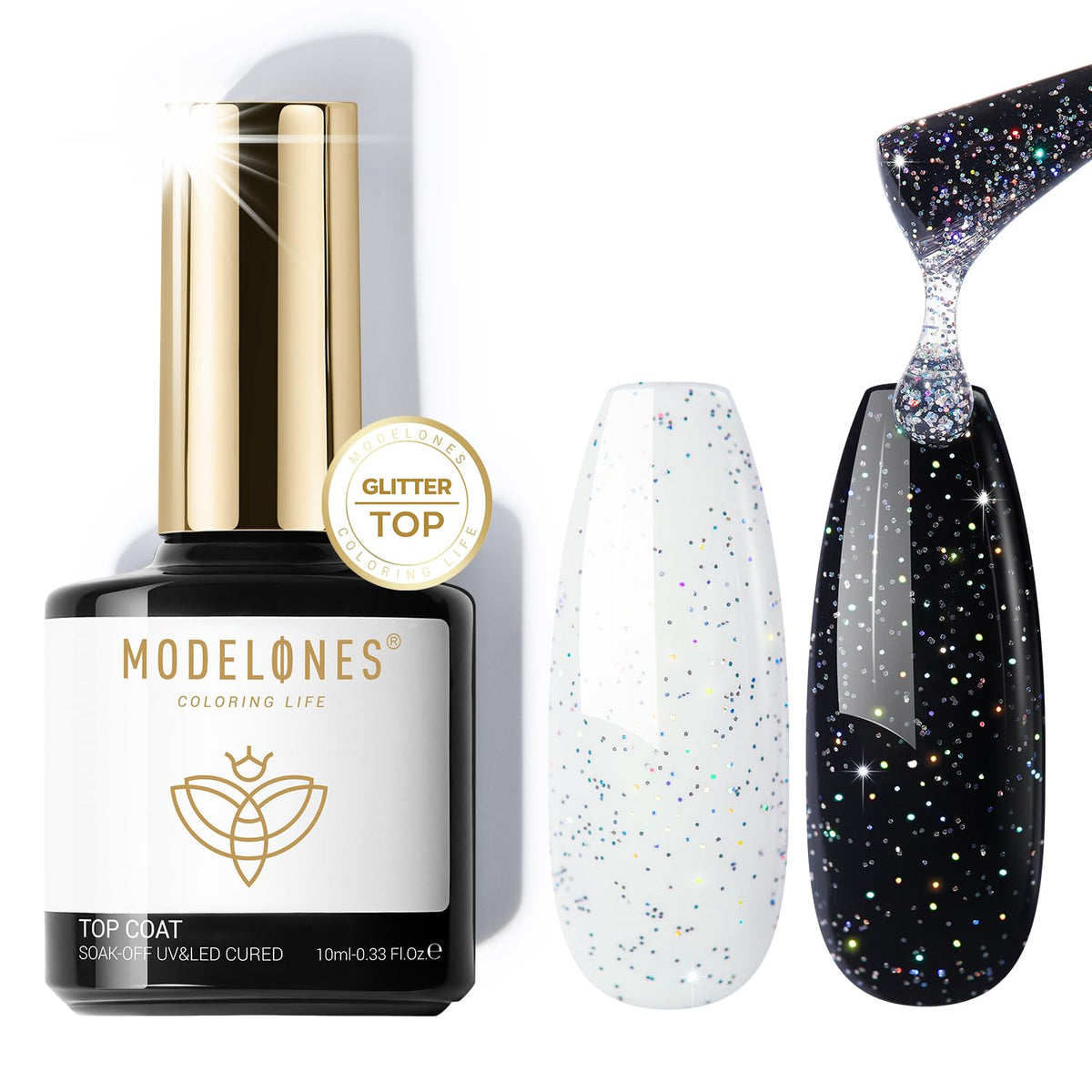 Modelones Glitter Gel Top Coat, Iridescent Silver Mix Glitter Gel Polish No Wipe Top Coat Glossy