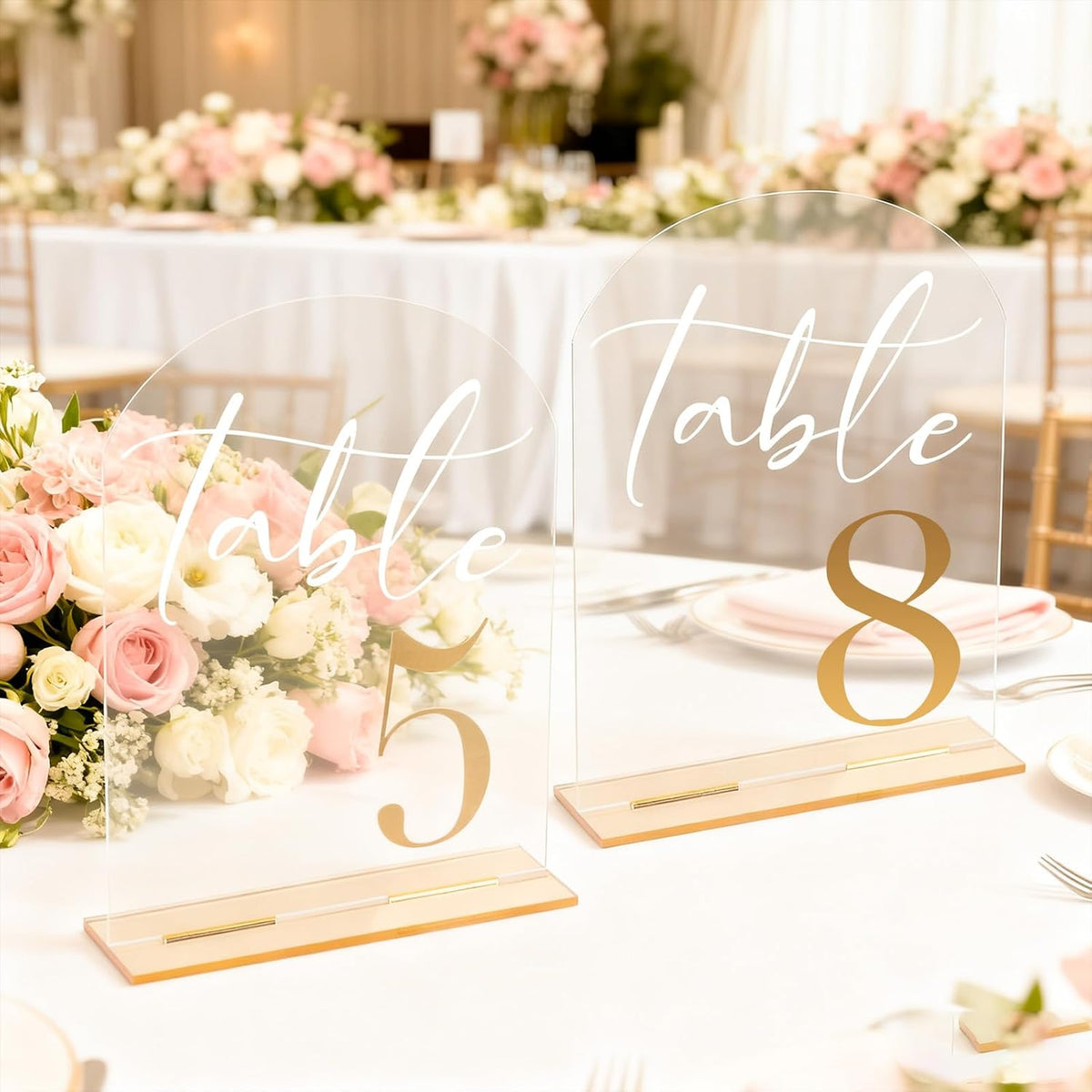 Wedding Table Numbers 1-20 with Stands, 5” x 7” Elegant Acrylic Display Signs with Golden Text