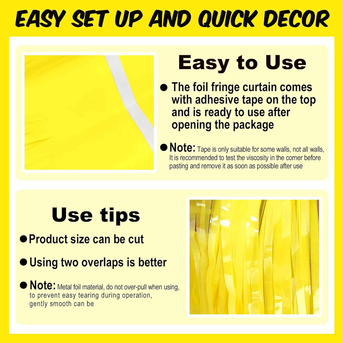6 Pack Macaron Yellow Foil Fringe Curtains Backdrop, 3.28 x 8.2 Ft Metallic Streamers Tinsel