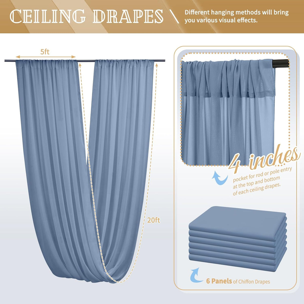 6 Panels Dusty Blue Ceiling Drapes for Wedding 5ftx20ft Chiffon Fabric Arch Draping Curtains Sheer