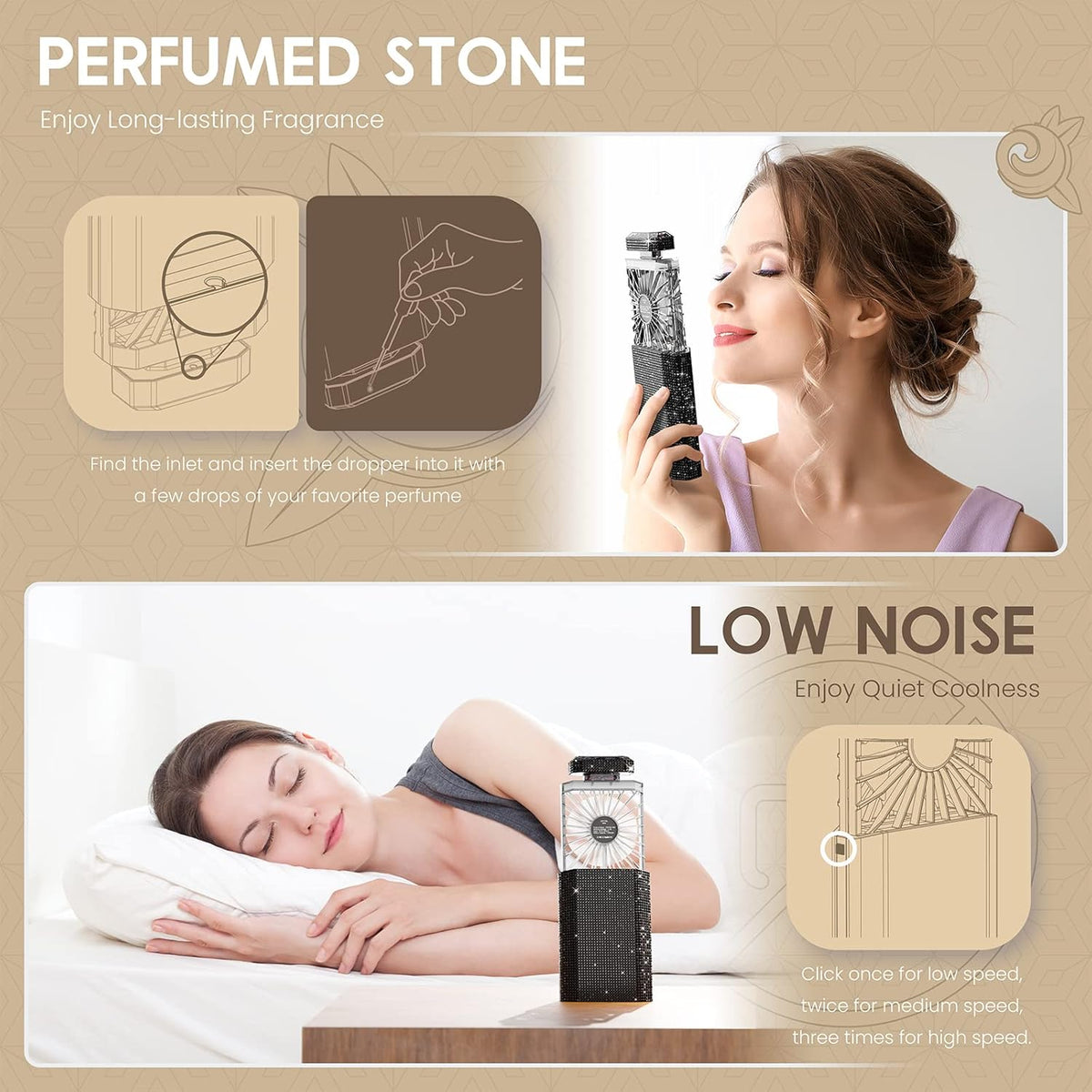 Lady Rechargeable Personal Fan with 3 Speeds, Quiet Portable Mini Cooling Desk Fan - Safe for Girls