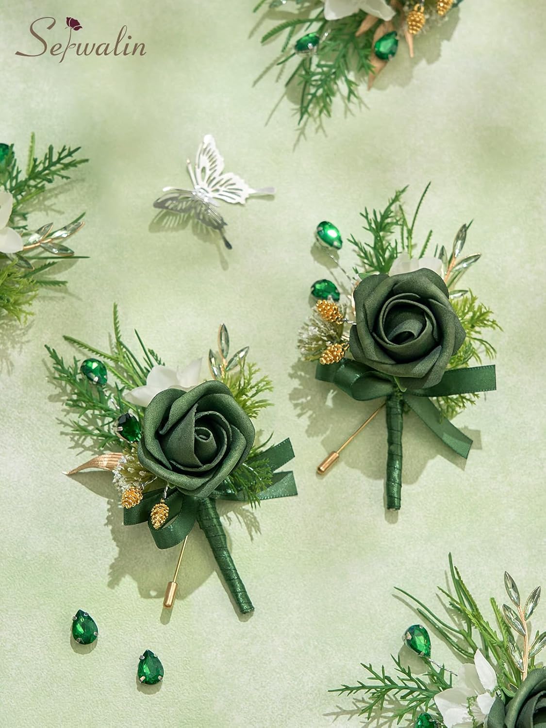 Serwalin 10Pcs Boutonniere for Men, Green Groom and Best Man Boutonniere, Artificial Flowers for