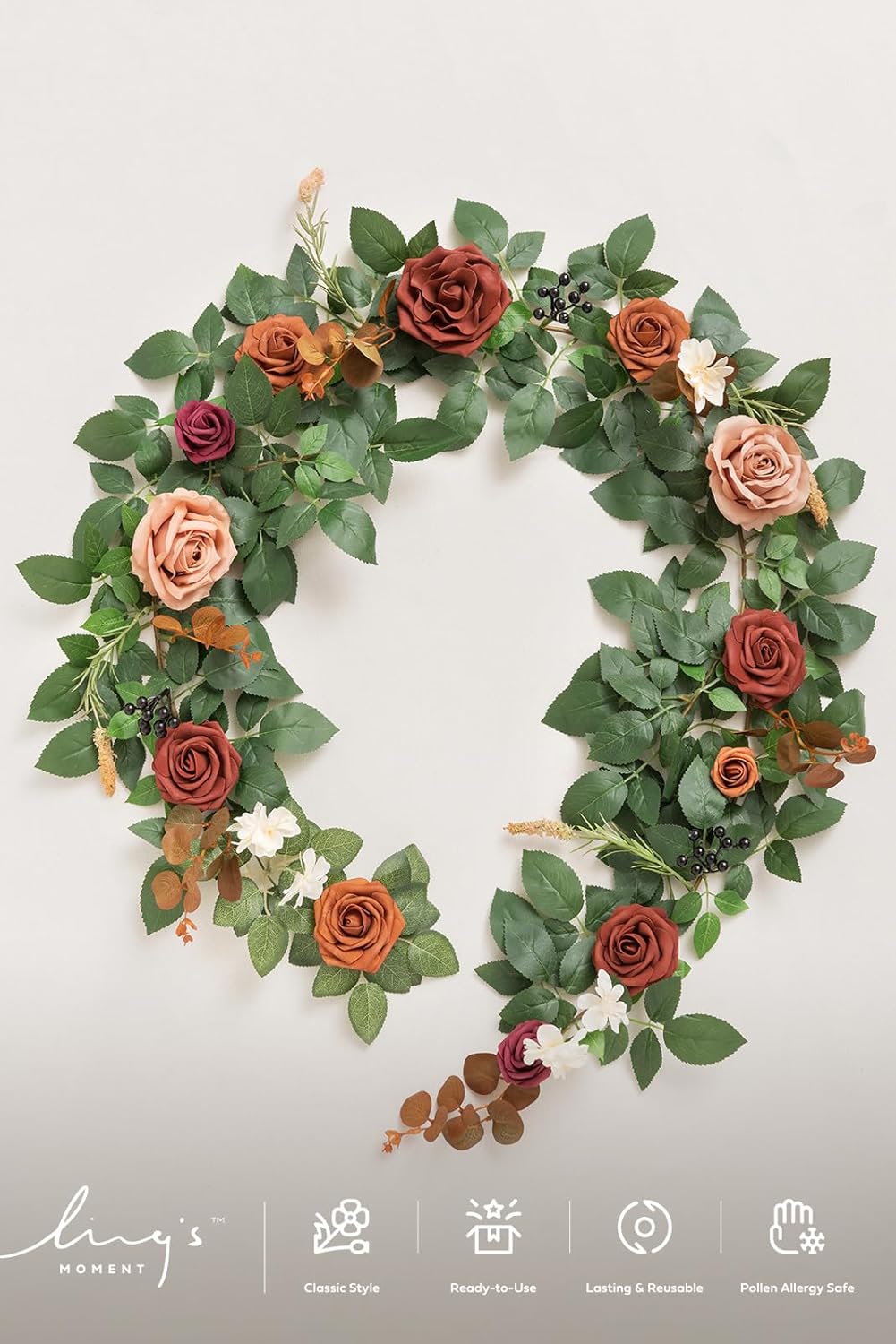 Ling's moment 5FT Terracotta Artificial Flower Garland Rose Eucalyptus Leaves Fall Floral Garland