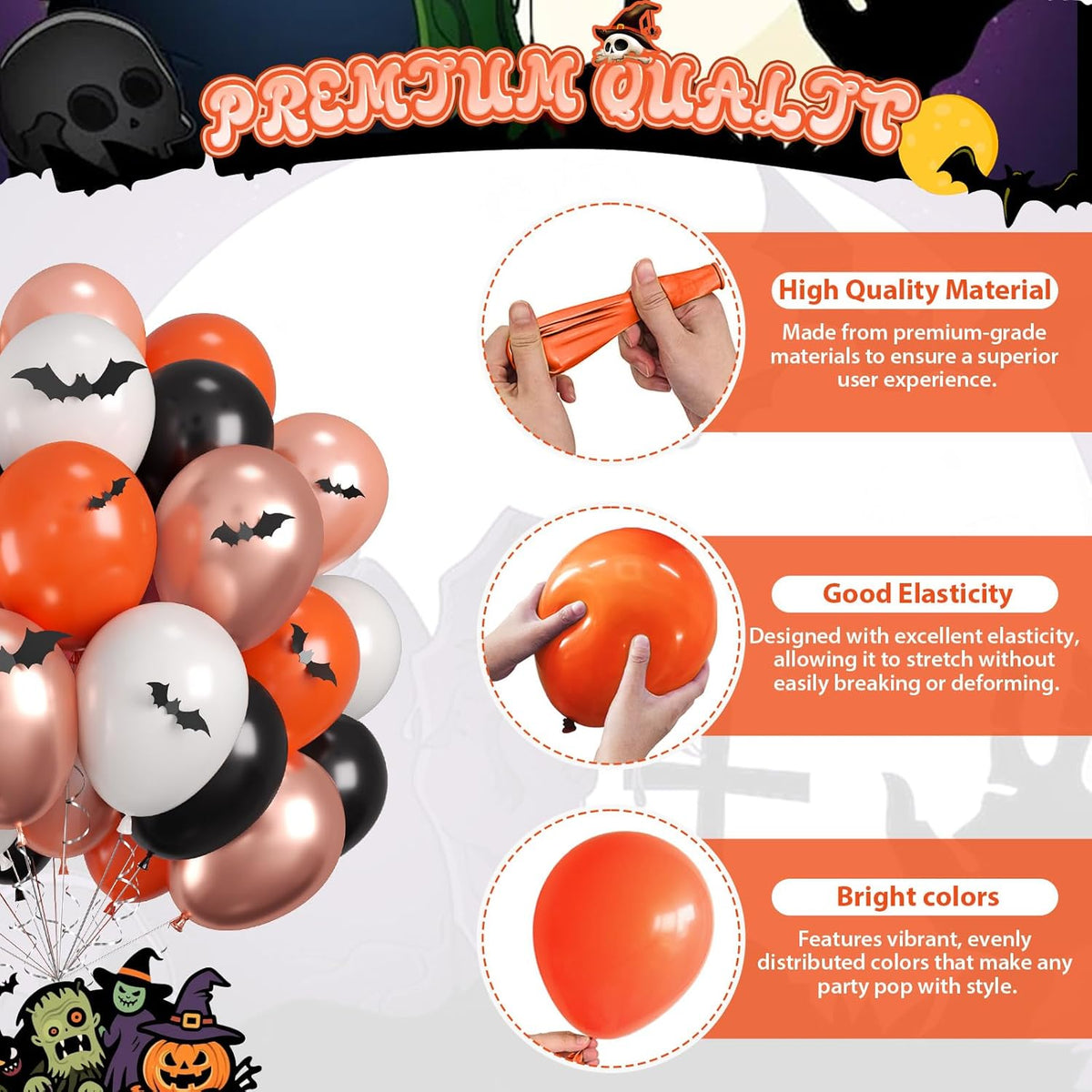 Halloween Balloons, 60PCS Black Orange Balloons, Black Orange White Rose Gold Balloon with 4