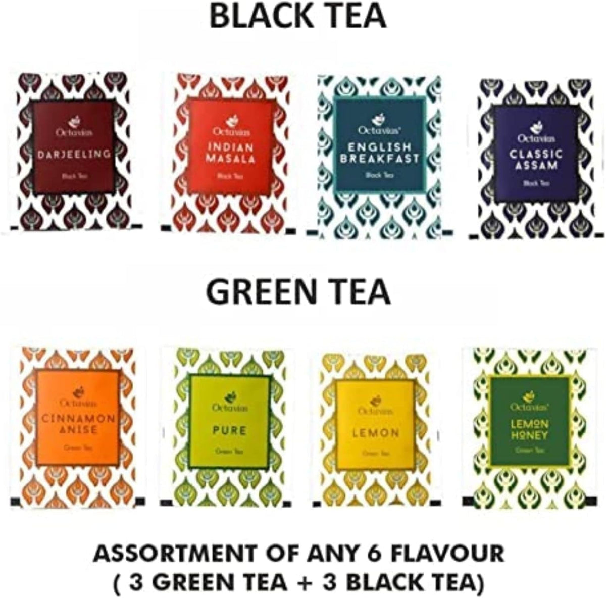 Octavius Tea Gift Set - Assorted Black & Green Tea Bags in Wooden Box | 6 Flavors, 90 Count |